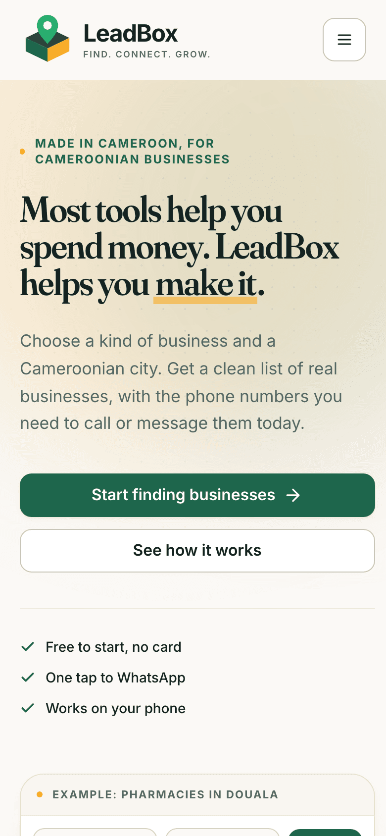 The LeadBox app open on a phone, listing businesses with their phone numbers