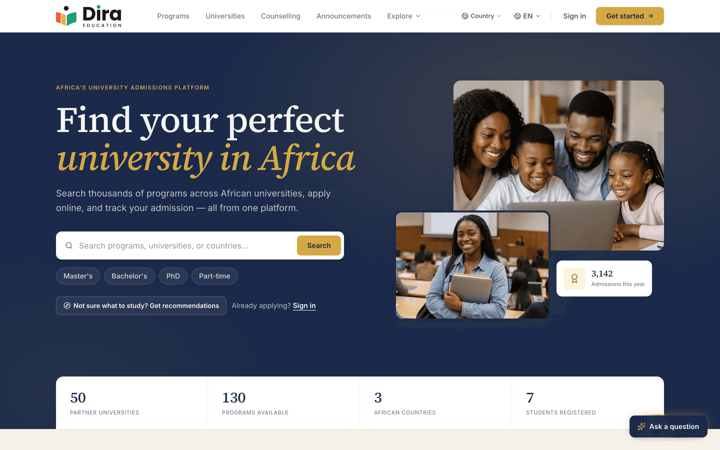 The Dira Education platform, where students apply to universities across Africa